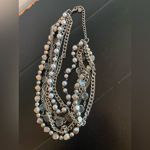 LOFT Layered Silver /Gray Beads and Clear Faceted Necklace - Picture 2 of 3